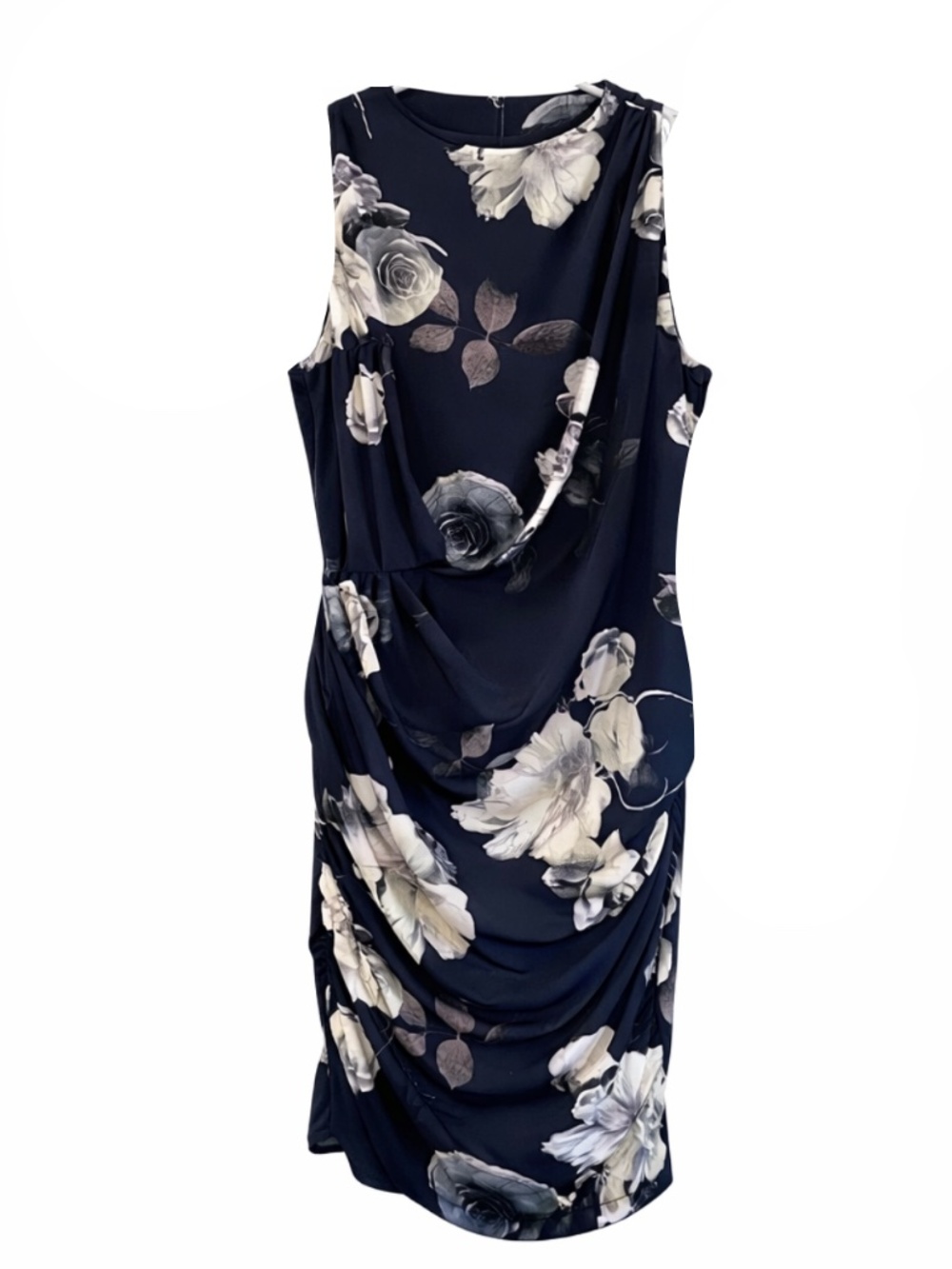 Le Chateau Navy Floral Ruched Faux Wrap Dress – Plus Size 16/18 Like New